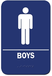 Boys Restroom Sign Blue 1513 Boys Sign  ADA sign 6" x 9" with braille white on blue.